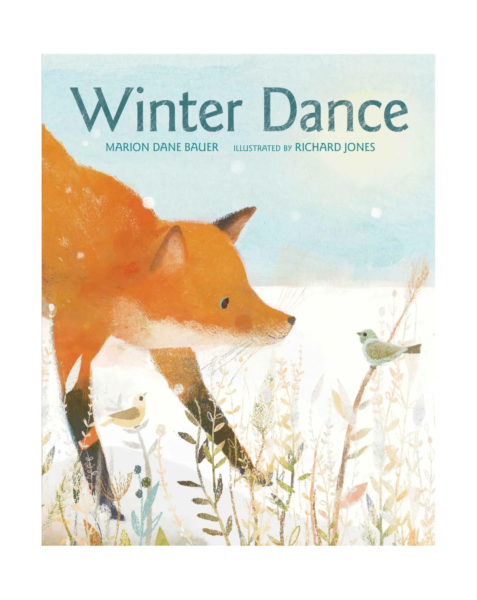 Cover of the children's book 'Winter Dance' showing an illustration of a fox and a bird among snow-covered plants.