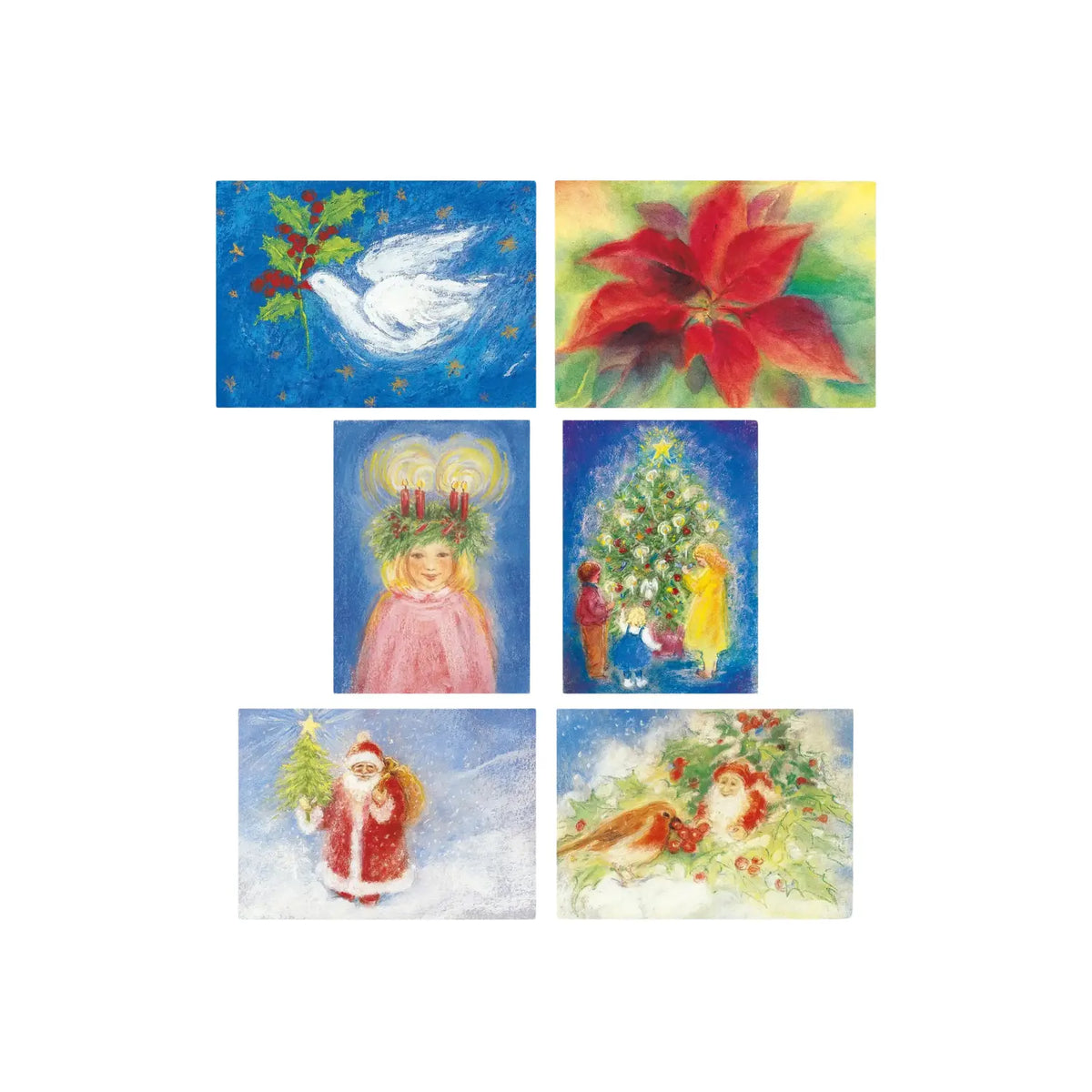 Marjan van Zeyl Christmas and winter holiday postcard set featuring six illustrations of Saint Lucia, a white dove with holly, a poinsettia, children decorating a Christmas tree, Father Christmas, and a winter robin.