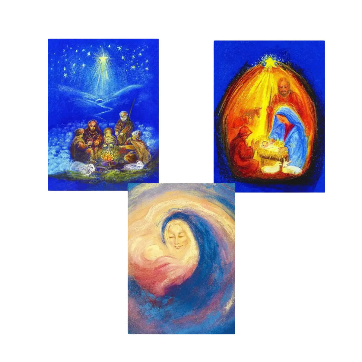 Three Nativity postcards showing shepherds beneath a star, the baby Jesus in a stable, and Mary holding her child.