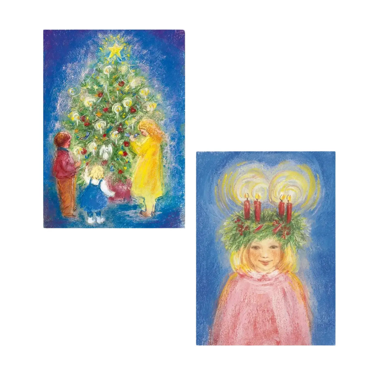 Two Marjan van Zeyl Christmas postcards featuring children decorating a candlelit Christmas tree and a young girl wearing a traditional Saint Lucia candle crown.