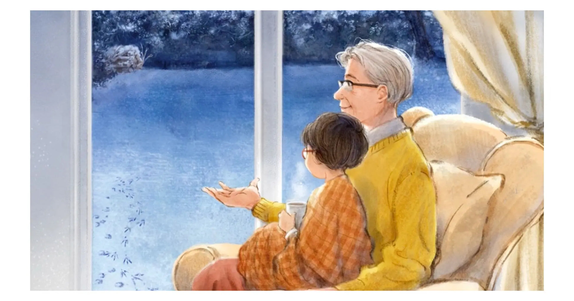 An illustration from The Bumblebee Garden of a child and grandfather  looking out a winter window at snow