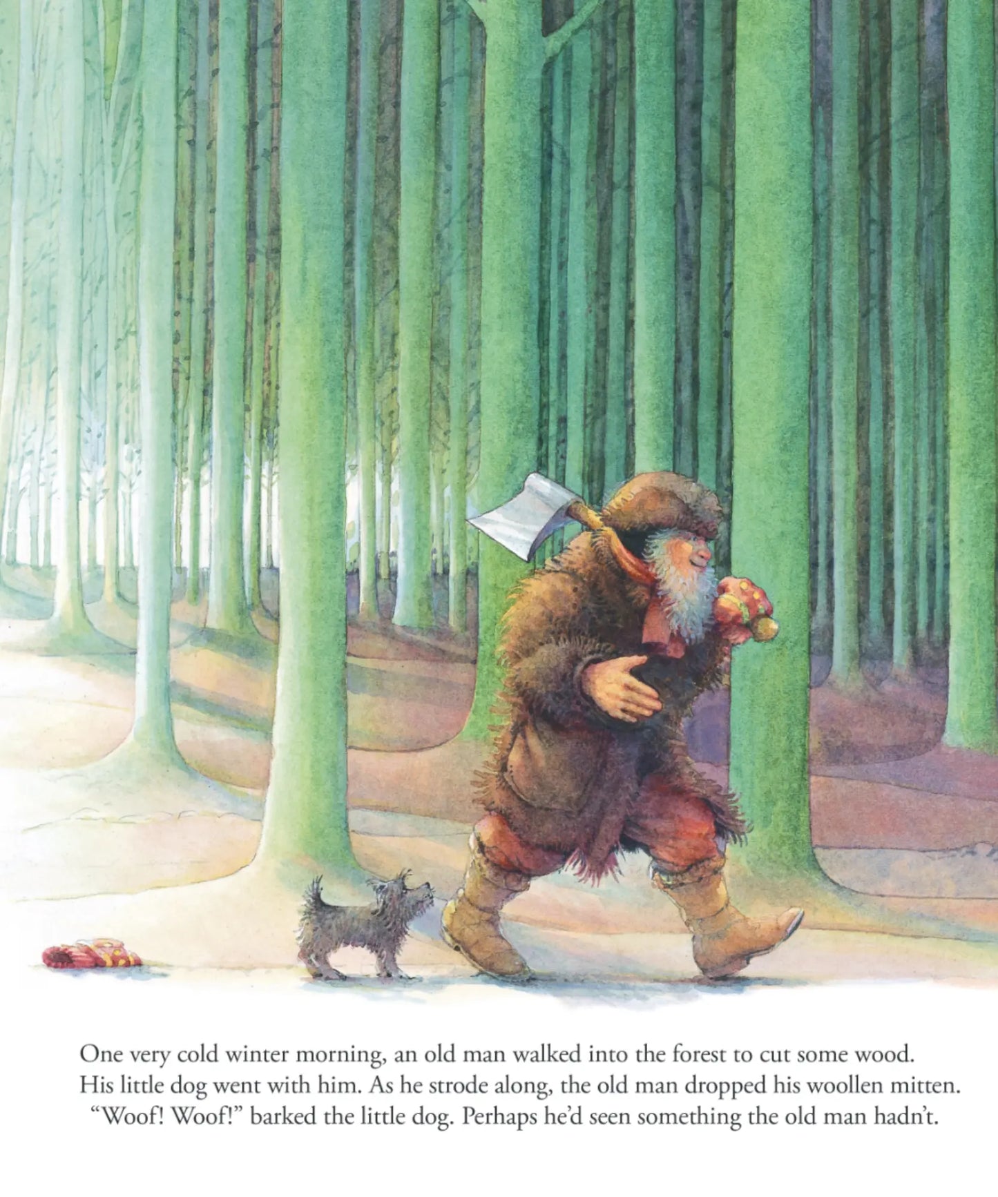 Illustration of an old man walking with a dog through a forest, holding a ax and a woolen mitten.