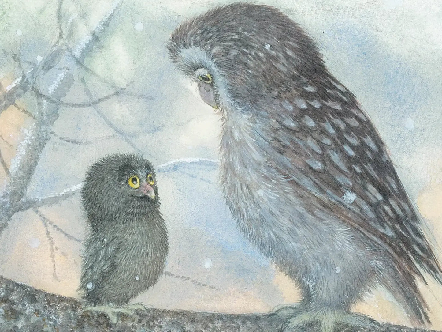 Two owls perched on a branch with a snowy background