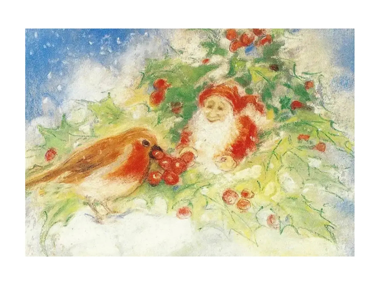 Winter Robin postcard by featuring a gnome offering holly berries to a robin in the snow