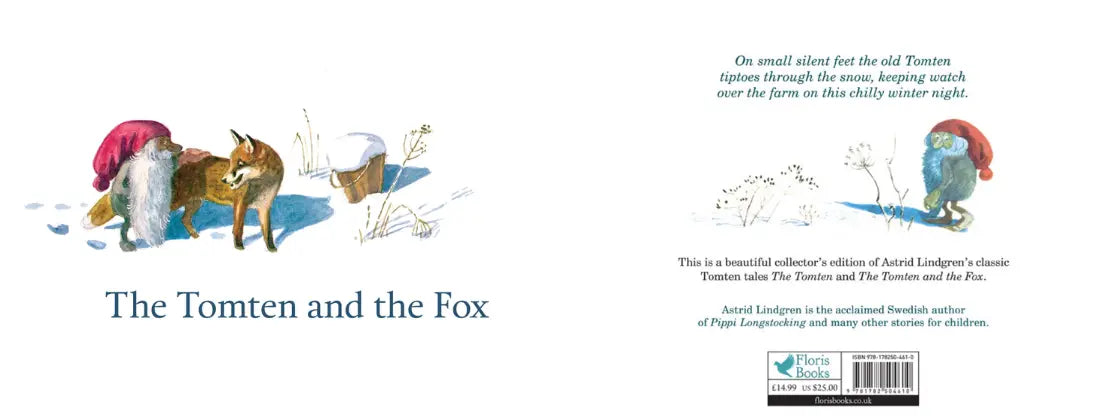 Illustrated book cover of 'The Tomten and the Fox' with characters and text.
