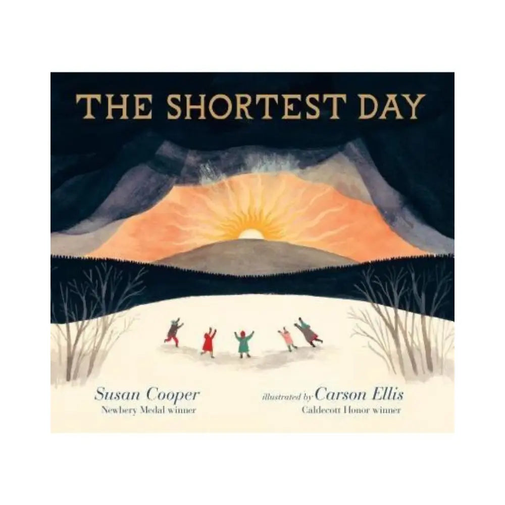 Book cover of 'The Shortest Day' with a winter scene and people walking towards a setting sun.