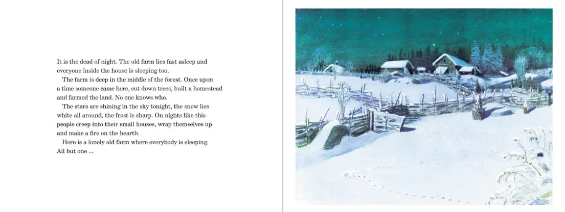 Winter scene with a small village and text on a white background