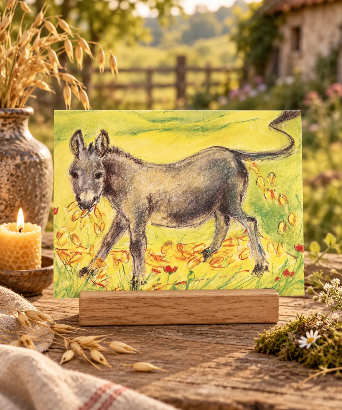 The Wishing Table fairytale illustration of the gold producing donkey in an outdoor rustic setting