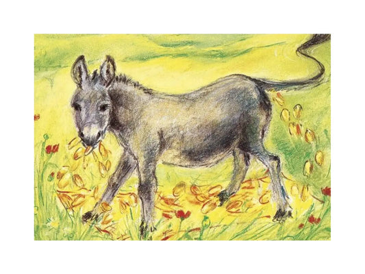 Postcard illustration of a donkey in a field from The Wishing Table fairy tale on a yellow background