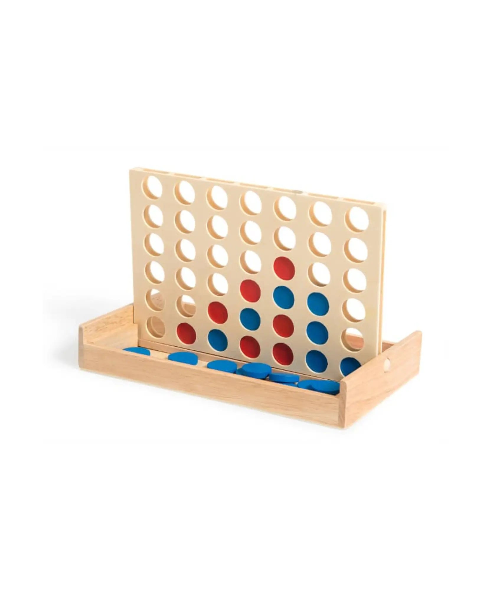 Wooden 4 in a row kid's game set up with red and blue discs in play
