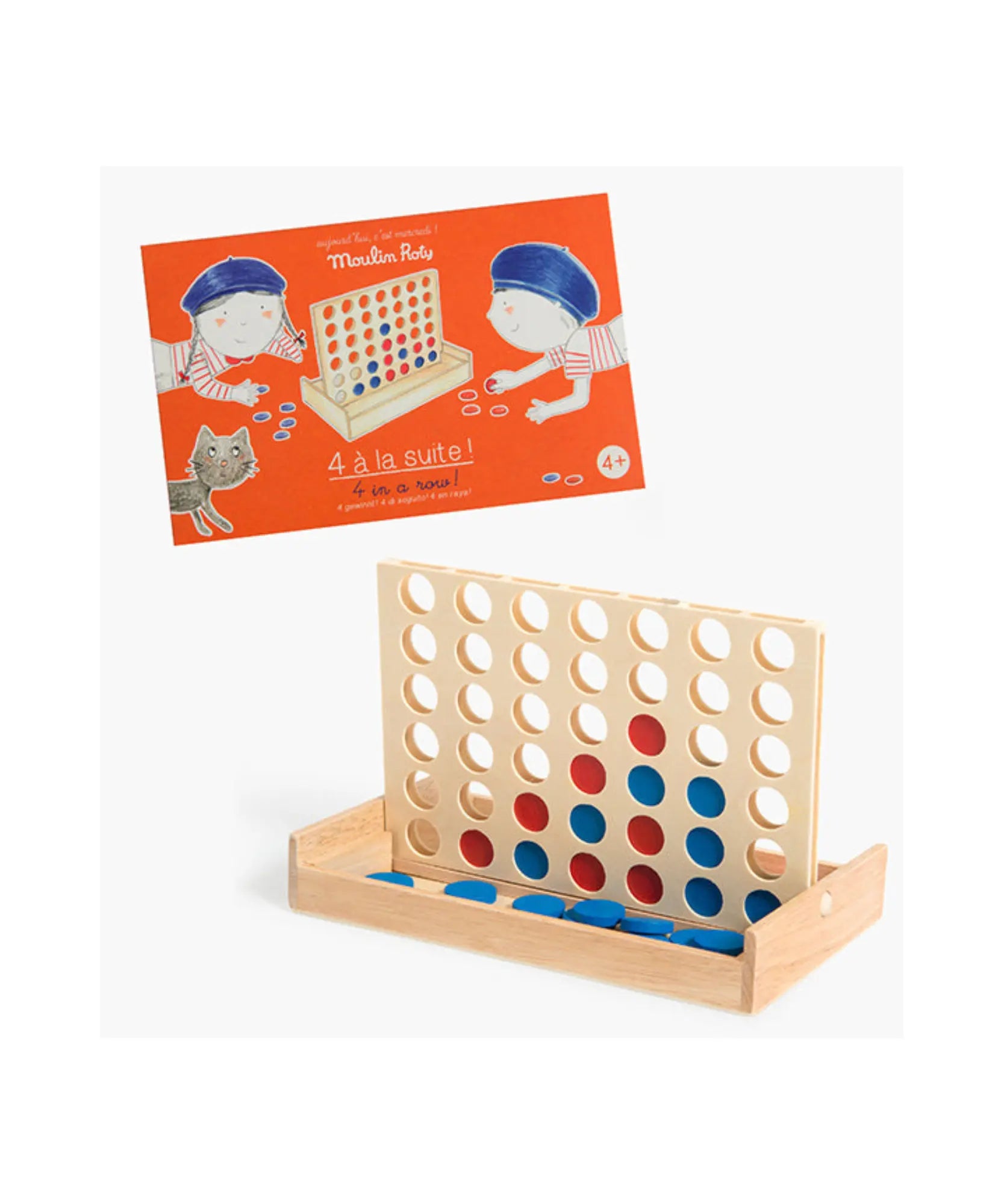 Wooden 4 in a row board game displayed next to its box
