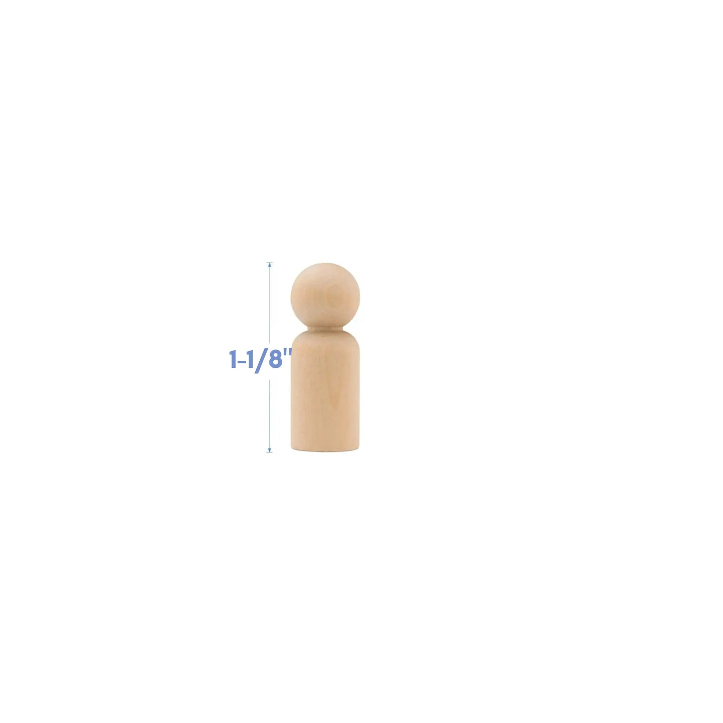 Wooden peg figure with measurement label on a white background