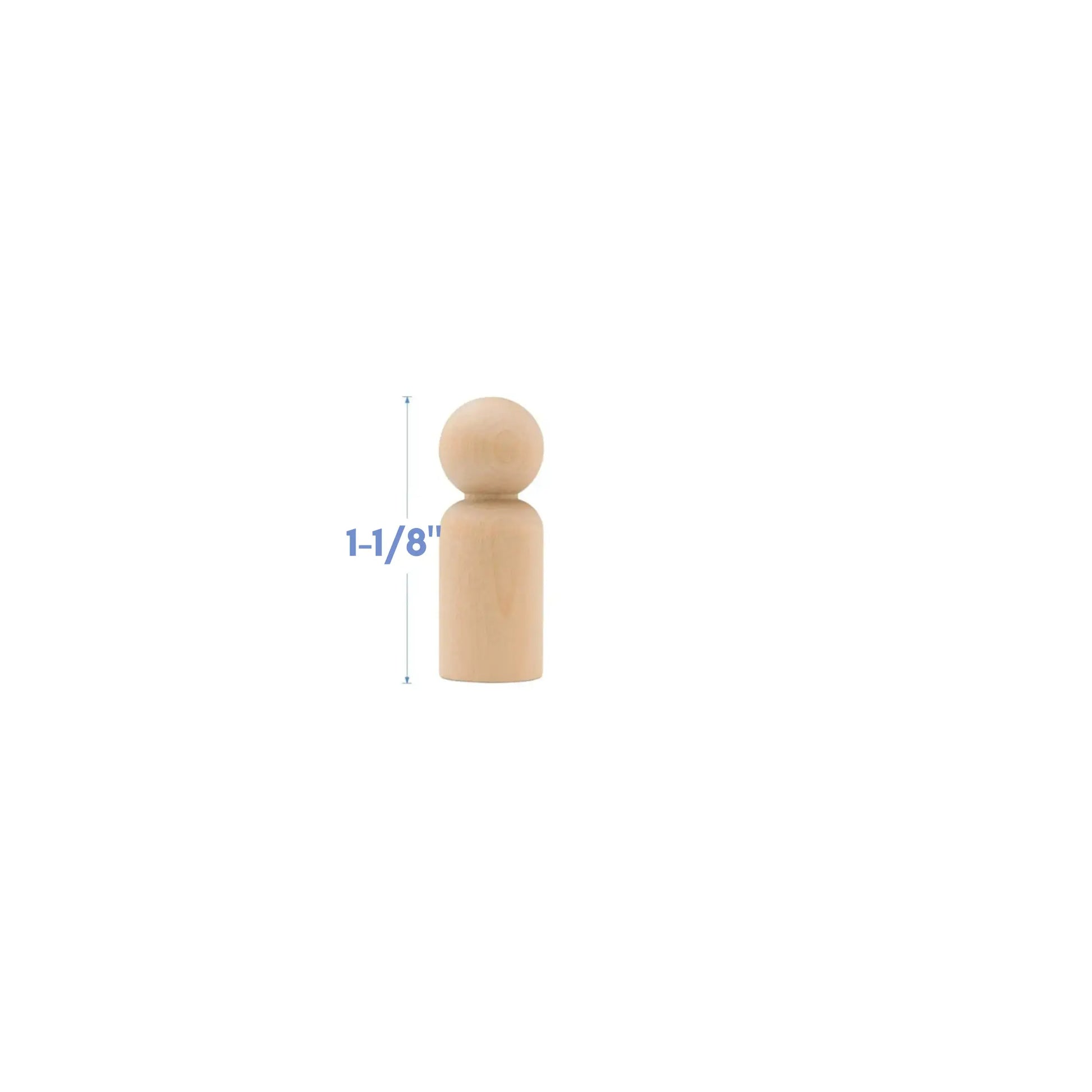 Wooden peg figure with measurement label on a white background