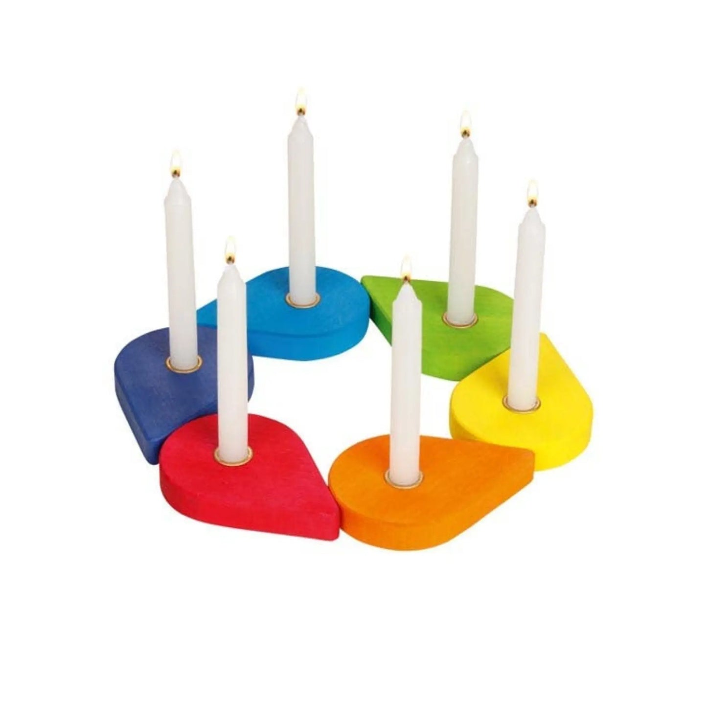 Colorful wooden candle holder in rainbow colors in a ring with six white candles on a white background