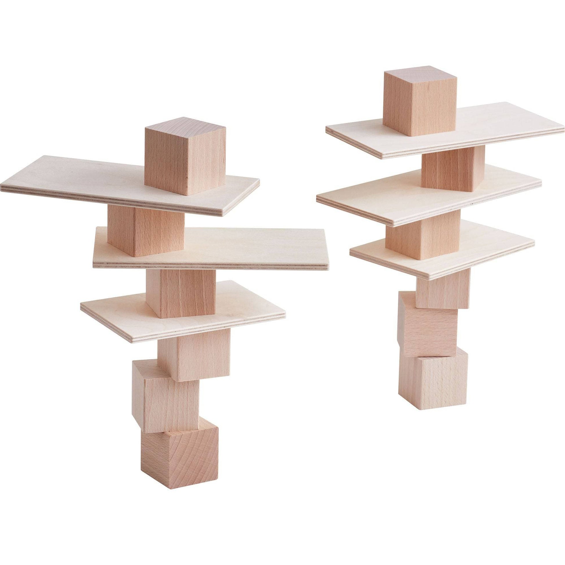 Wooden building blocks stacked in a balanced offset design showing creative construction