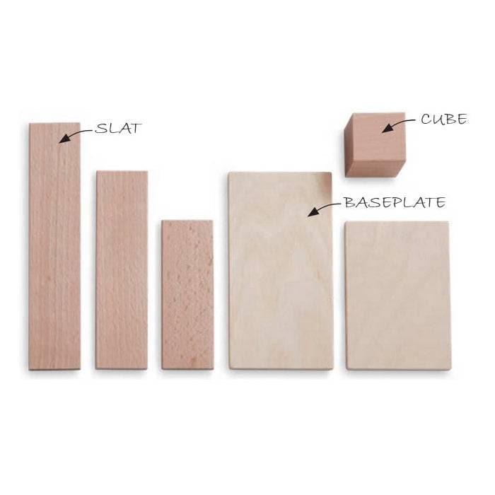 Diagram showing labeled wooden building block components including slats, cubes, and baseplates
