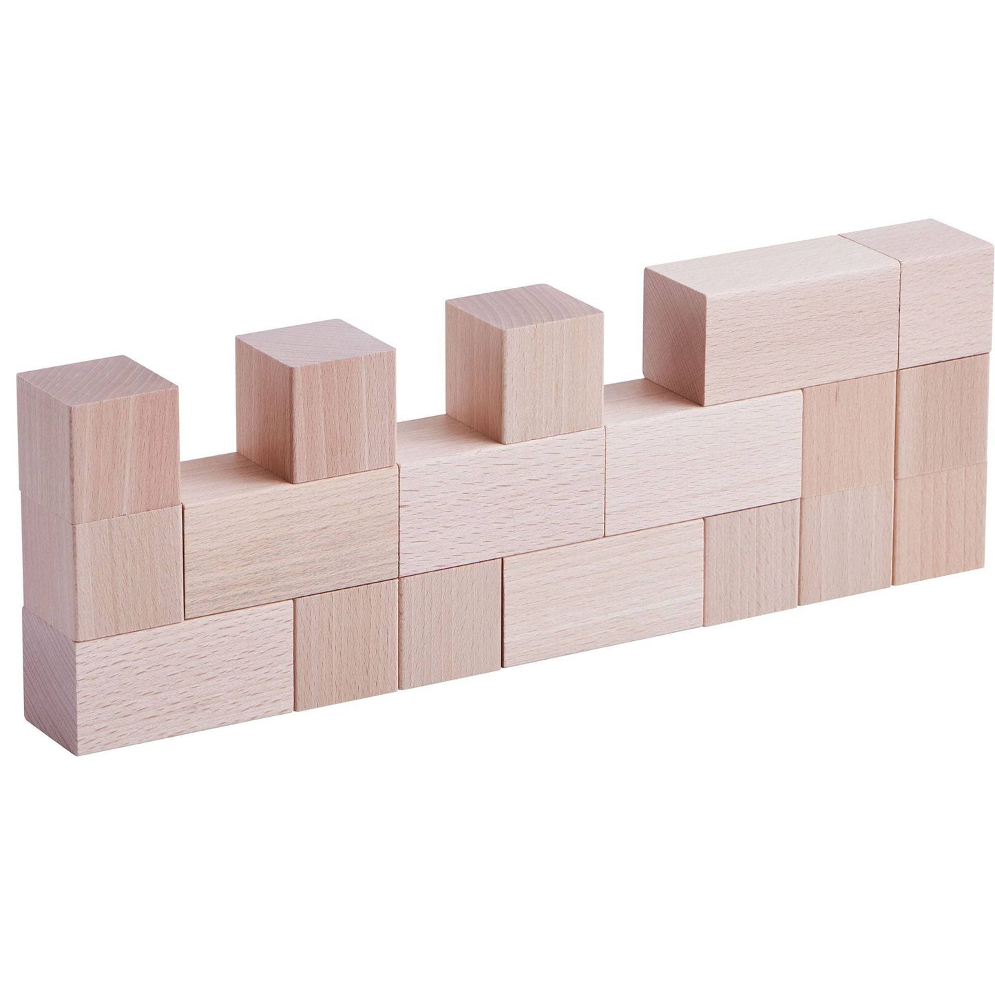 Wooden building blocks arranged in a linear balance pattern with cubes and rectangular blocks