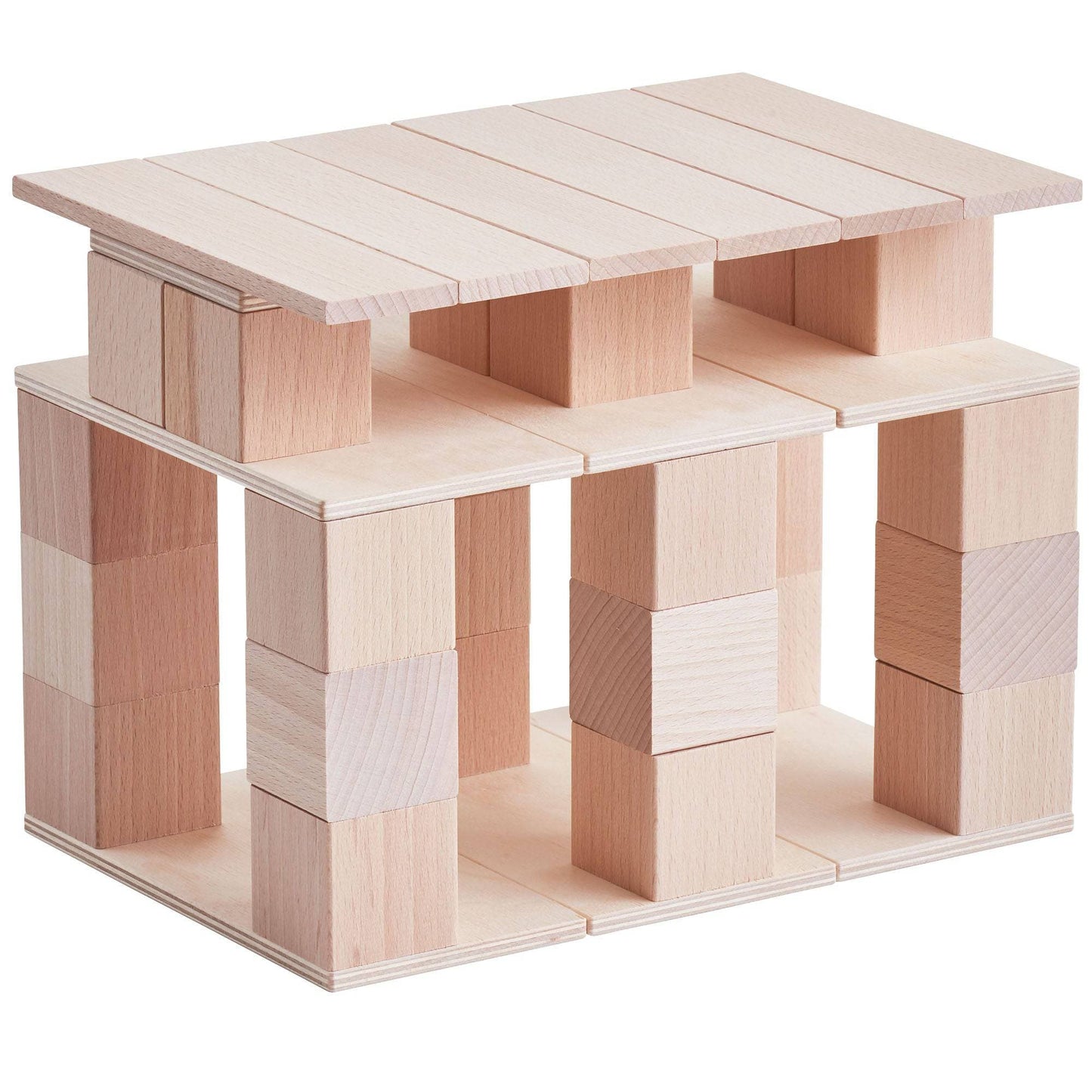 Multi-level wooden building block structure with baseplates and cube supports