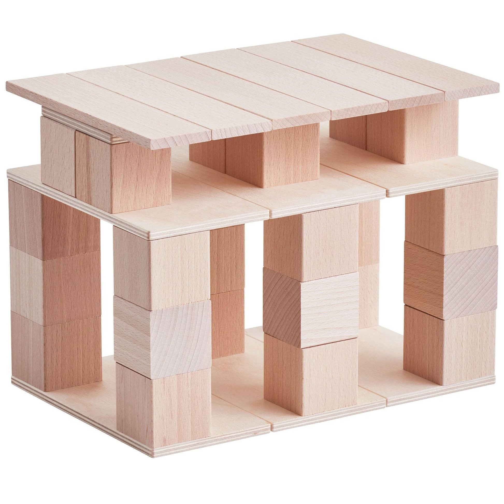 Multi-level wooden building block structure with baseplates and cube supports