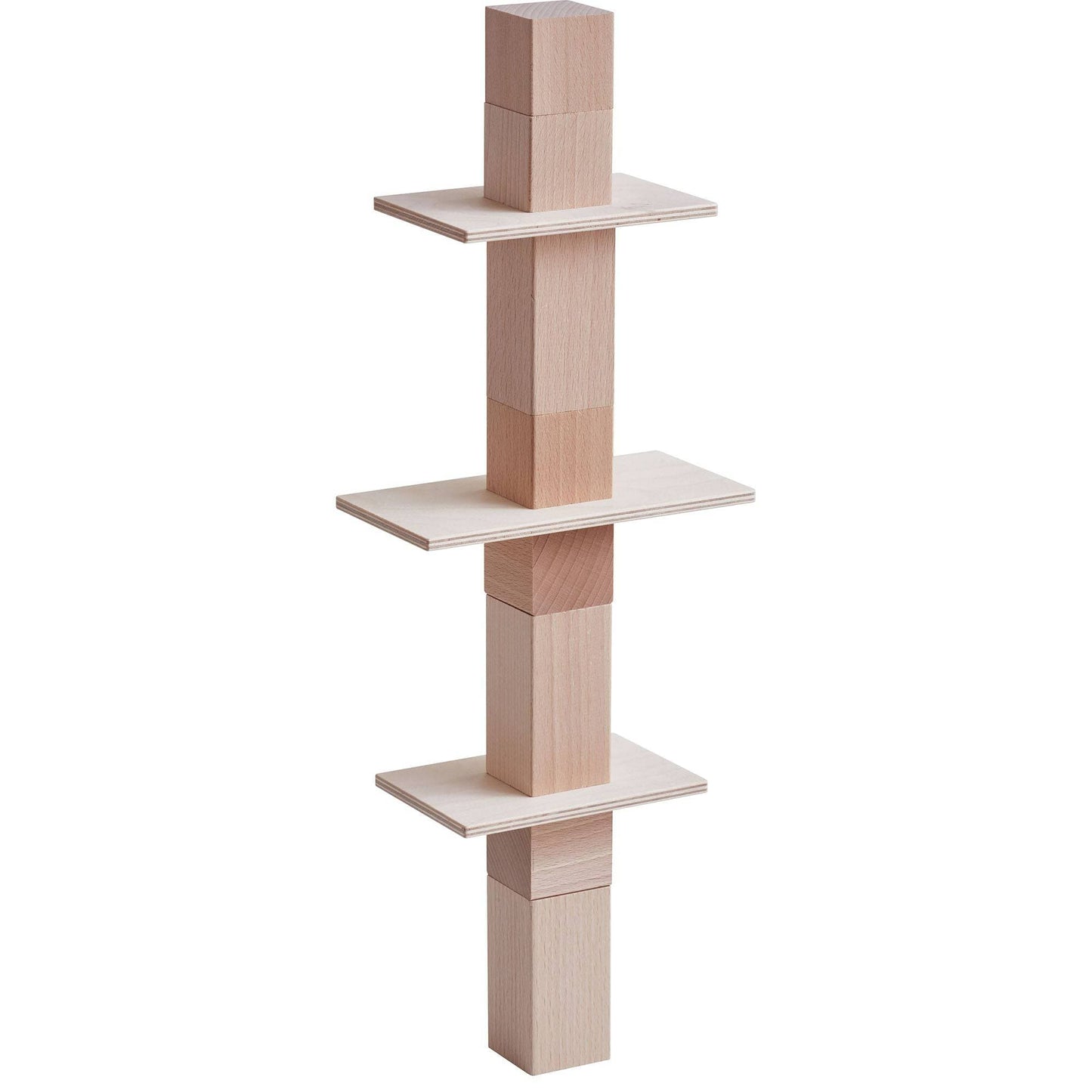 Tall vertical stack of wooden building blocks balanced with panels and cubes