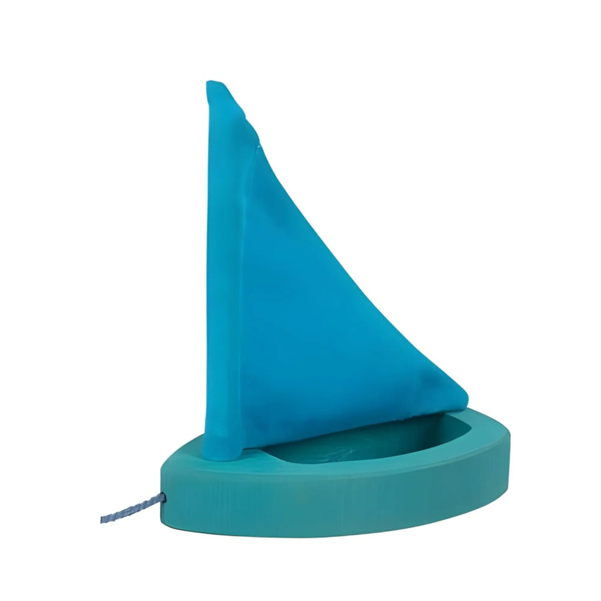 Blue and teal toy goki sailboat on a white background
