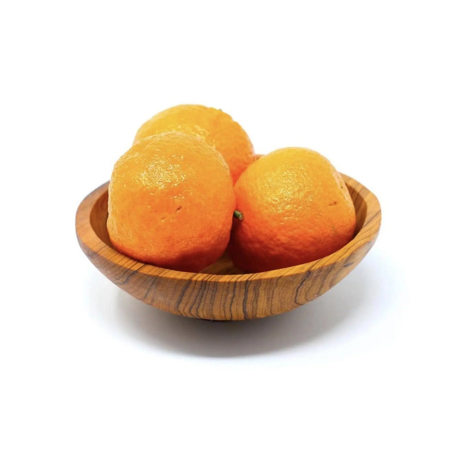 Three oranges in an olive wood bowl on a white background