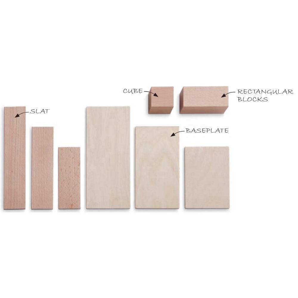 Wooden building block components including cubes, slats, panels, and rectangular blocks