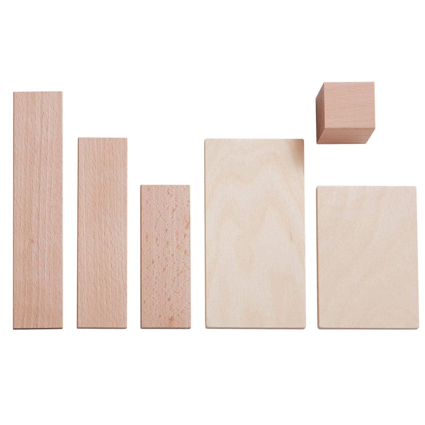 Different wooden building block shapes including cubes, slats, and panels arranged by size