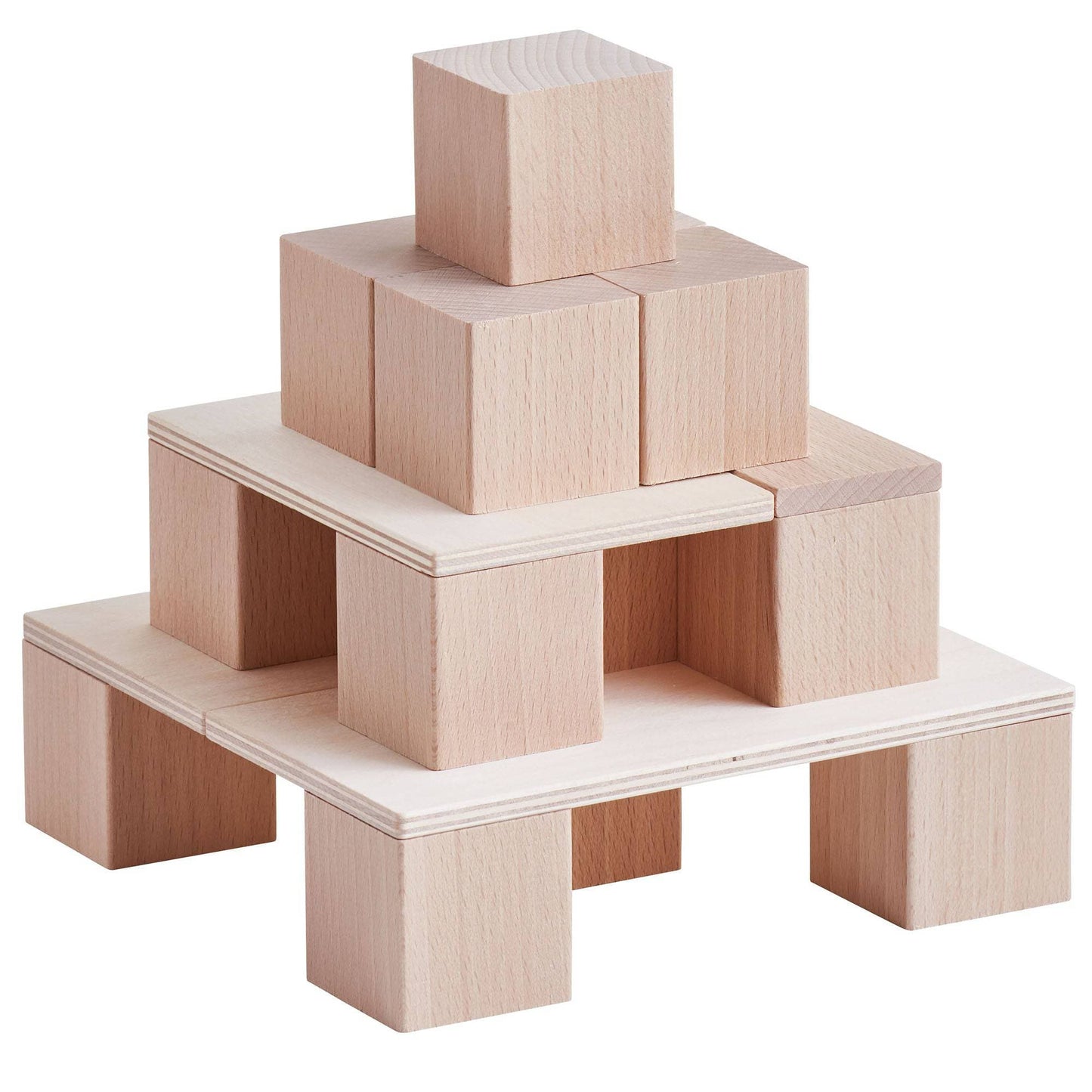 Wooden building blocks arranged in a layered pyramid structure with cubes and panels