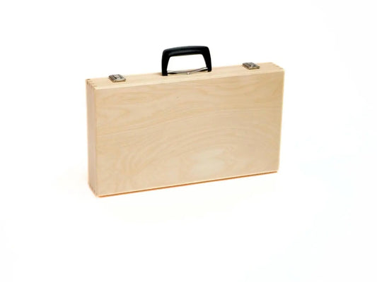 Woodencase with a black handle for a Choroi children's lyre on a white background