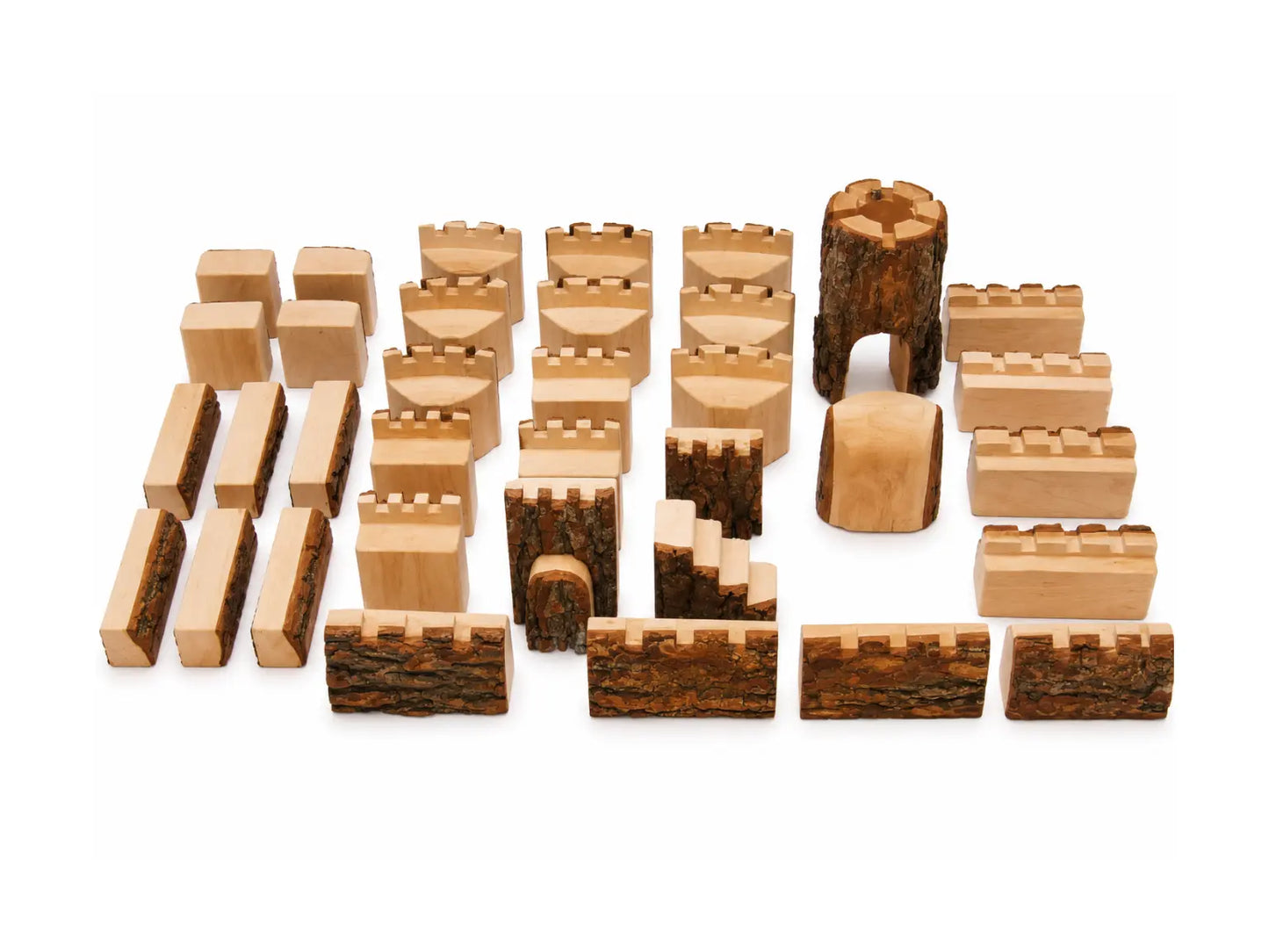 All 35 pieces included in the natural wooden castle building set