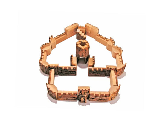 35-piece natural wooden castle building set with gatehouse, towers, and castle walls