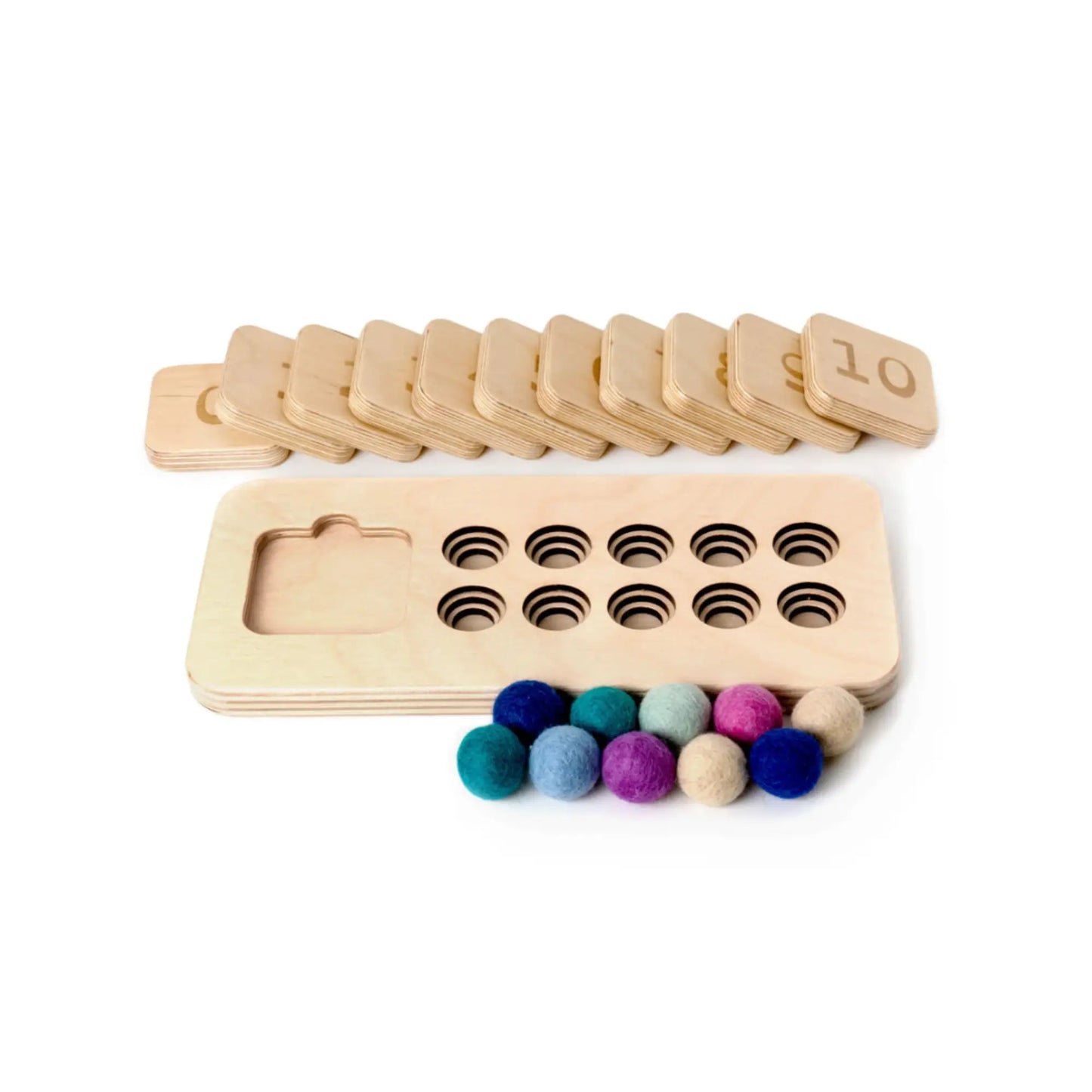 Wooden quantity board with number tiles, wool felt balls, and ten counting spaces
