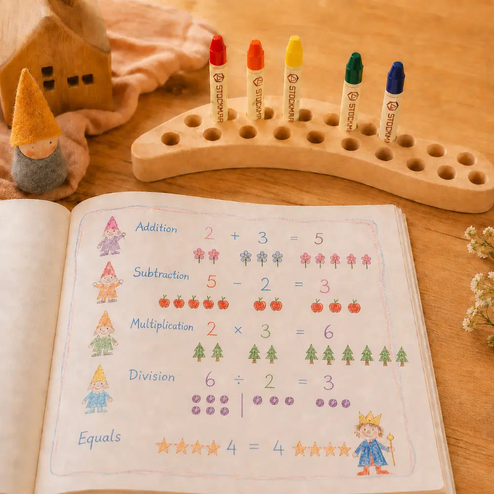 Children's educational book with math problems and crayons in a wooden crayon holder