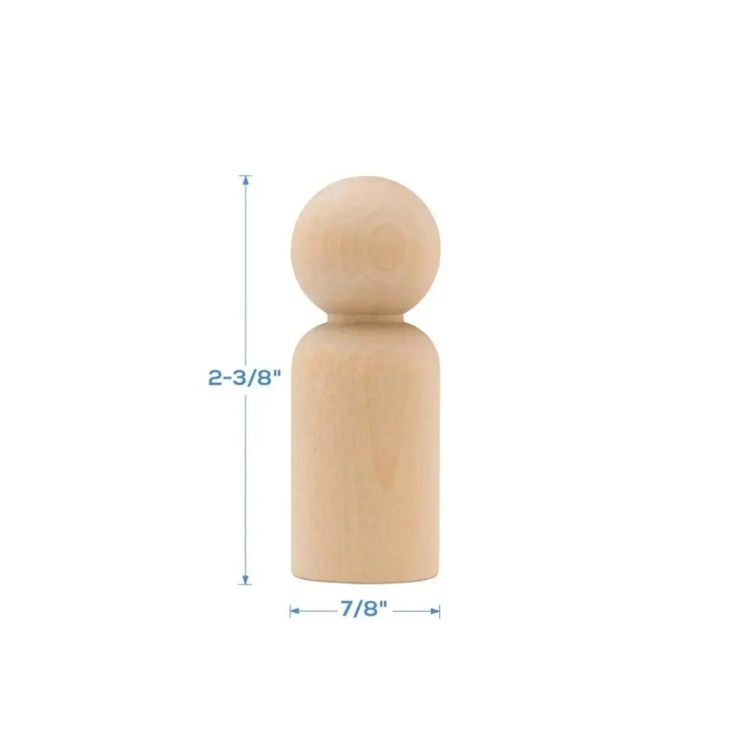 Wooden peg figure with measurements on a white background