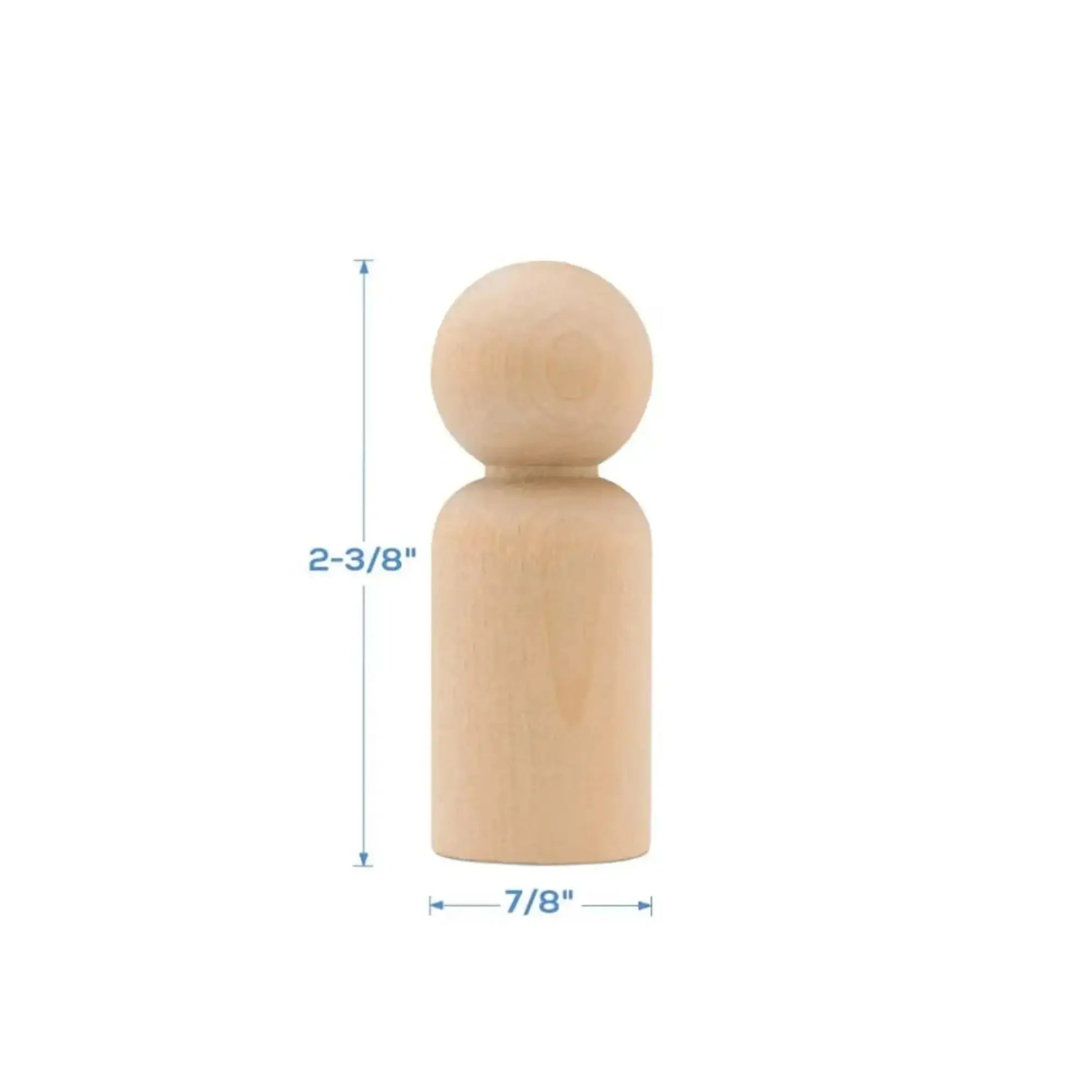Wooden peg figure with measurements on a white background