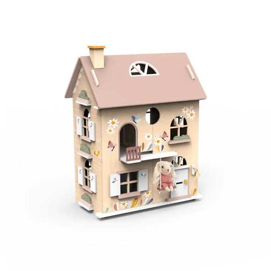 Wooden dollhouse play set with furniture and bunny character arranged inside cottage