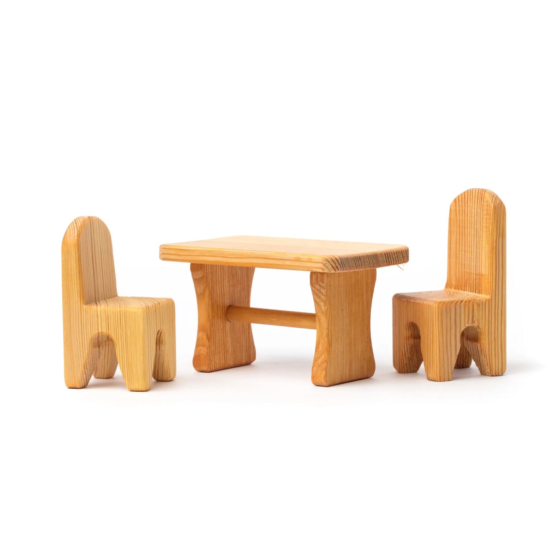 Wooden dollhouse table and chairs set in natural pine and beech wood for small-world play