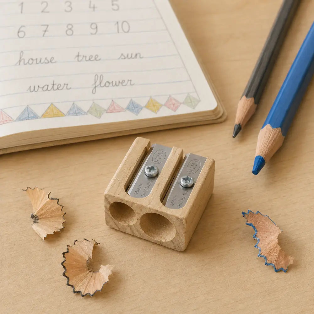 a beechwood dual sized pencil sharpener by KUM for sharpening regular and jumbo pencils and colored pencils on a desk