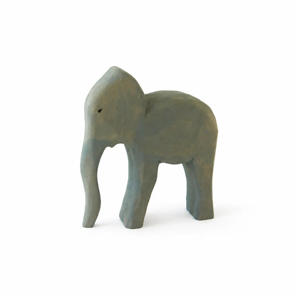 Small gray wooden elephant toy on a white background