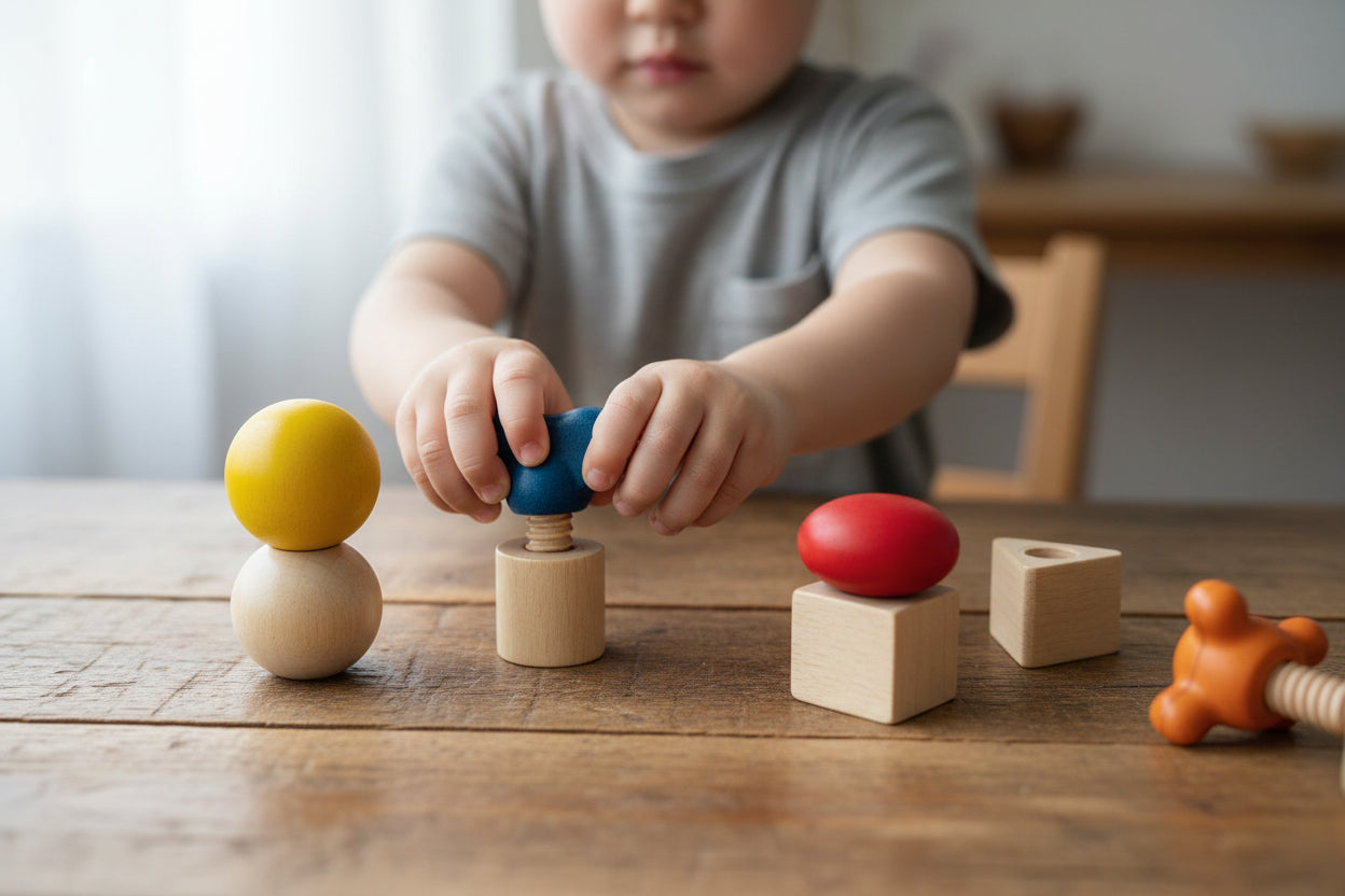 Set of colorful wooden nuts and bolts toys with a child's hands on a wooden table top