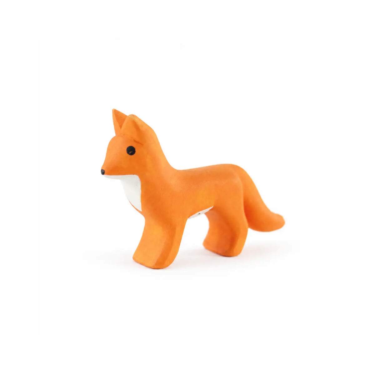 Sarah’s Silks wooden fox toy shown from the front with orange body and white chest