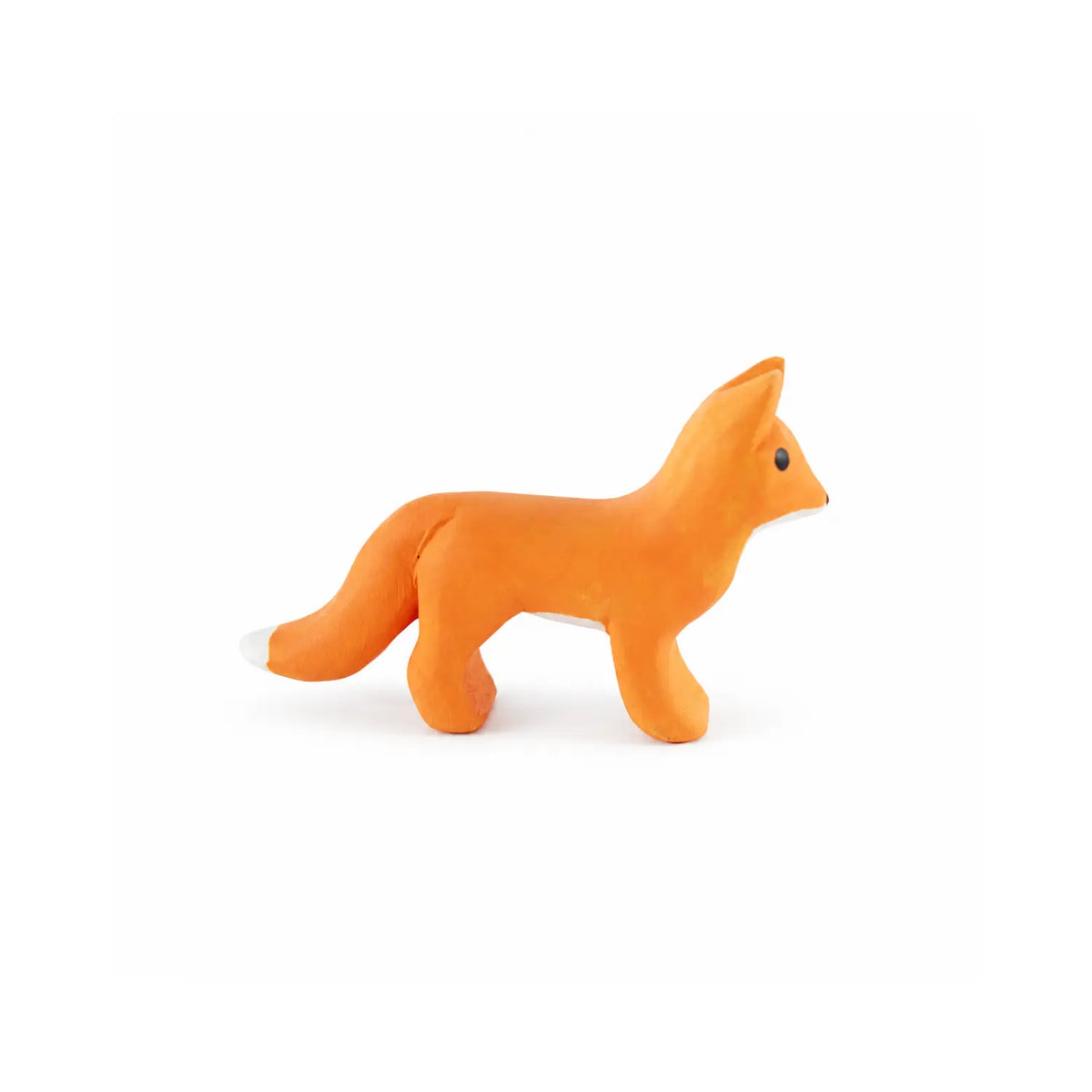 Side view of orange Sarah’s Silks wooden fox toy with pointed ears and long tail