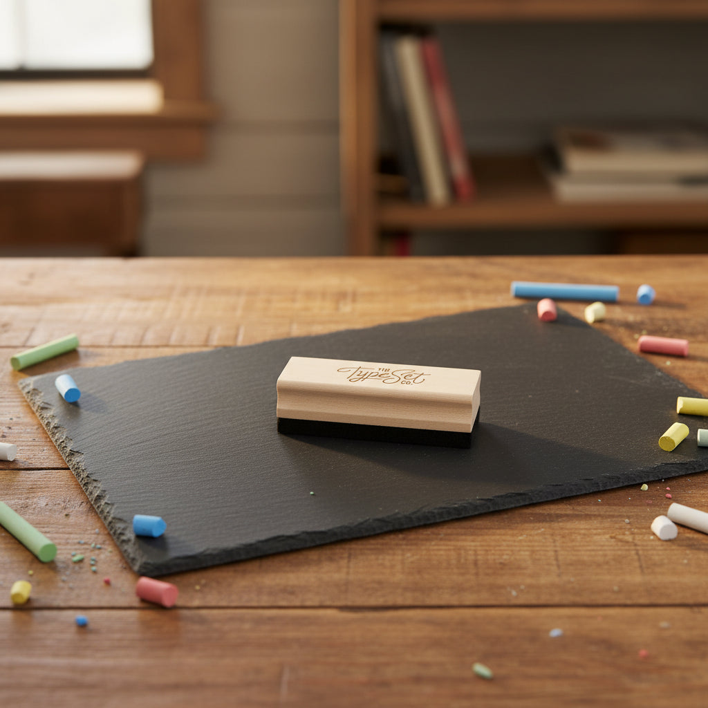 A wooden handled eraser on top of a blackboard on a table top with loose colorful chalk