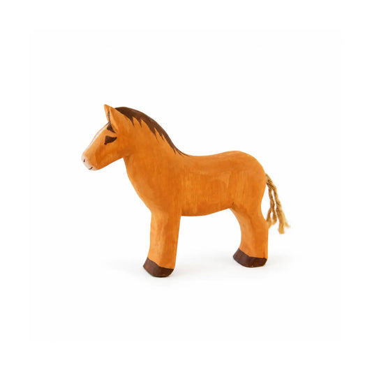Side view of Sarah’s Silks wooden horse toy with brown body, dark mane, hooves, and natural fiber tail