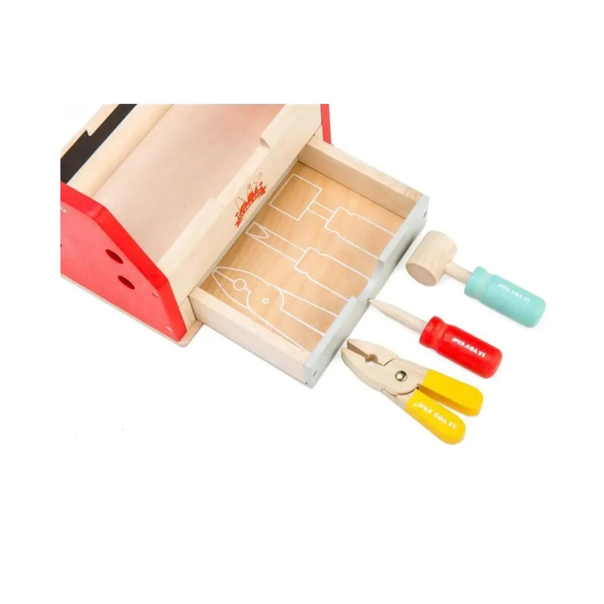 Wooden toy tool set with colorful handles on a white background