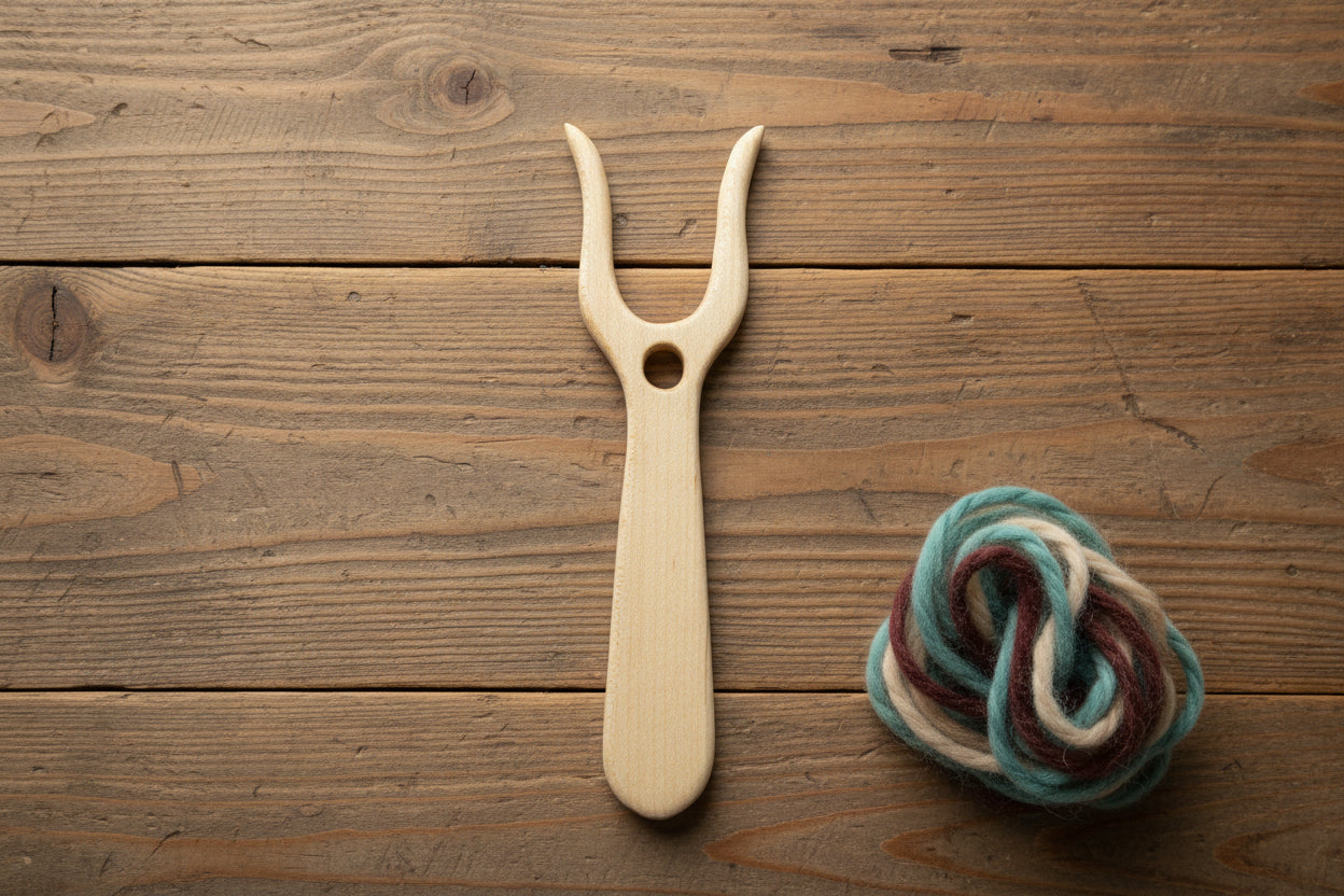 A red maple wood knitting lucet fork for creating custom cords and handwork