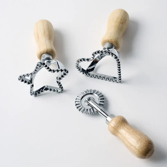 Wooden and metal dough cutters with star, heart, and rolling wheel for play dough sensory play