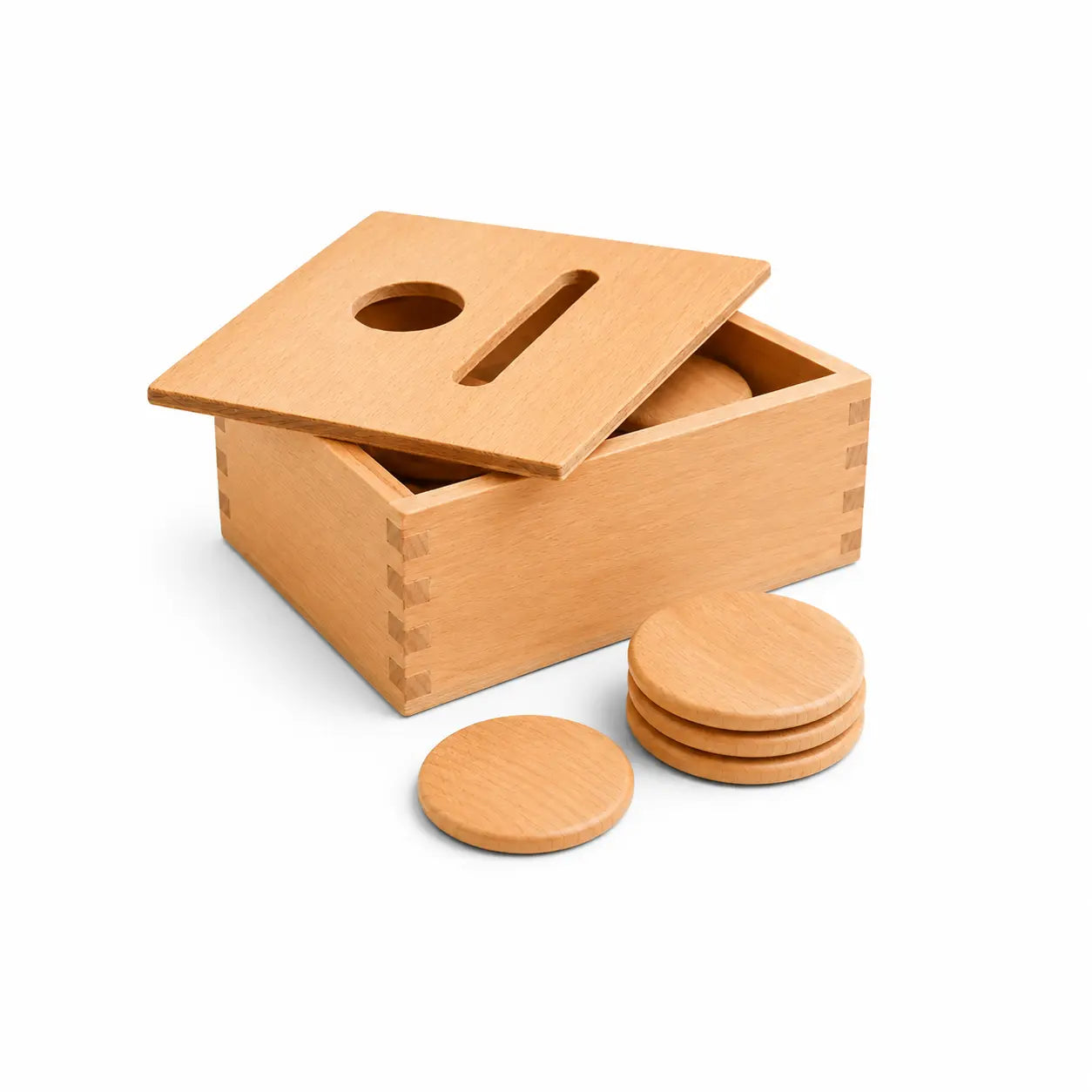 Wooden object permanence box with a lid and stack of round wooden discs