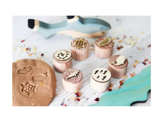 Ocean wooden dough stamps with sea life shapes for play dough and sensory play